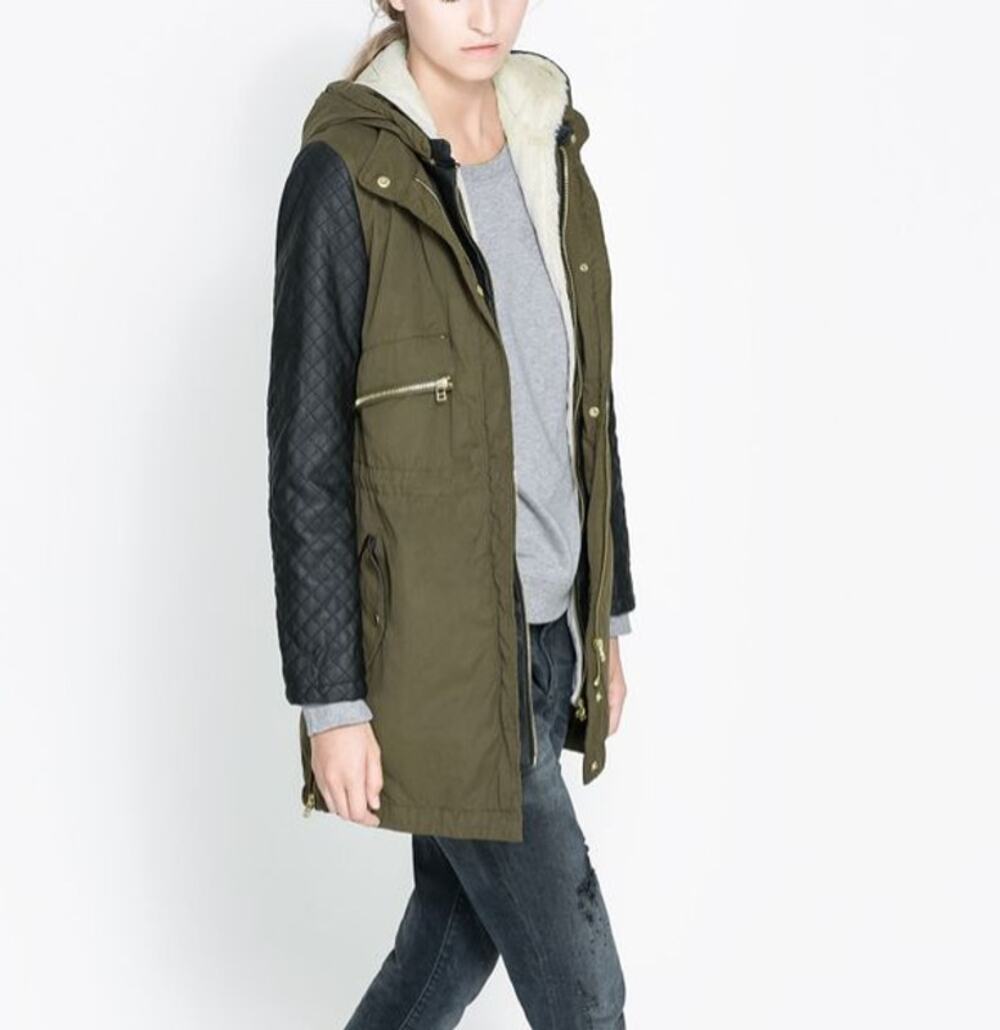 ZARA Jacket Faux Fur Lined Jacket Leather Sleeve Full Zip Hooded Green Black XS
